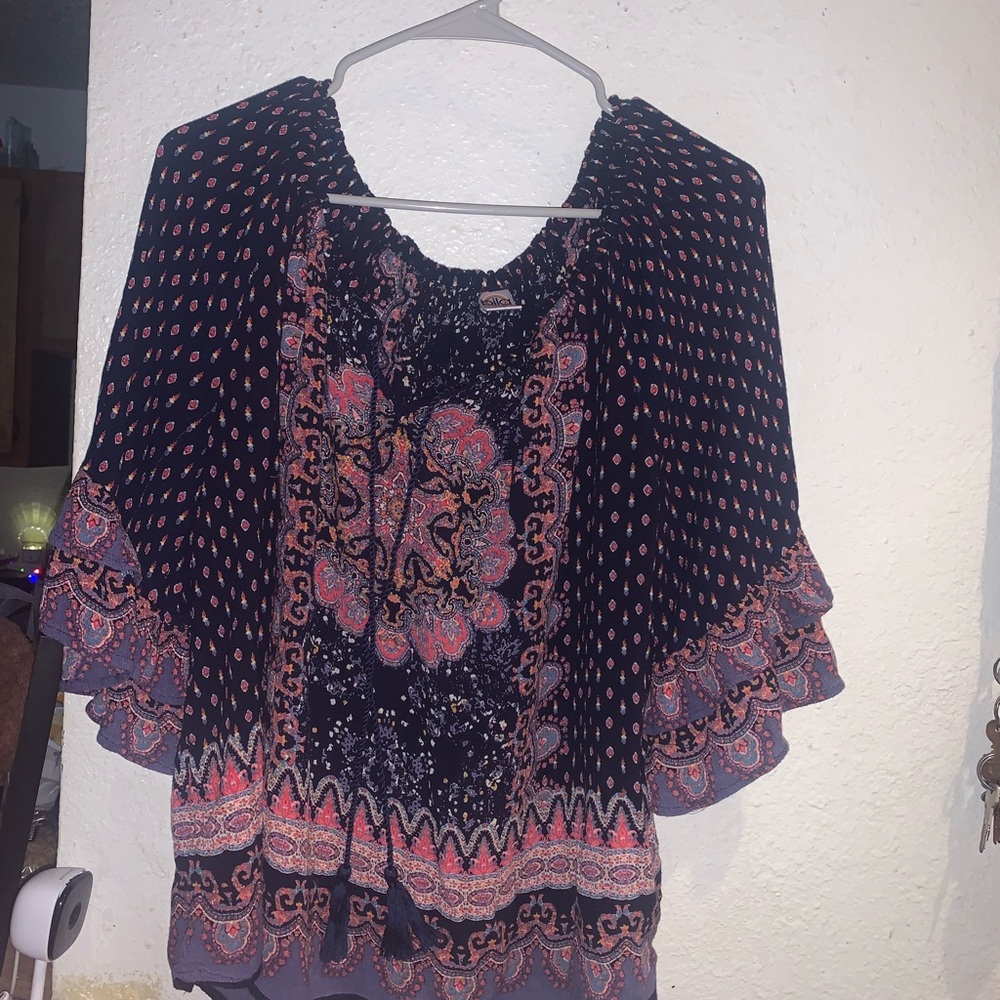 Bila Black Paisley Boho Peasant Blouse XL